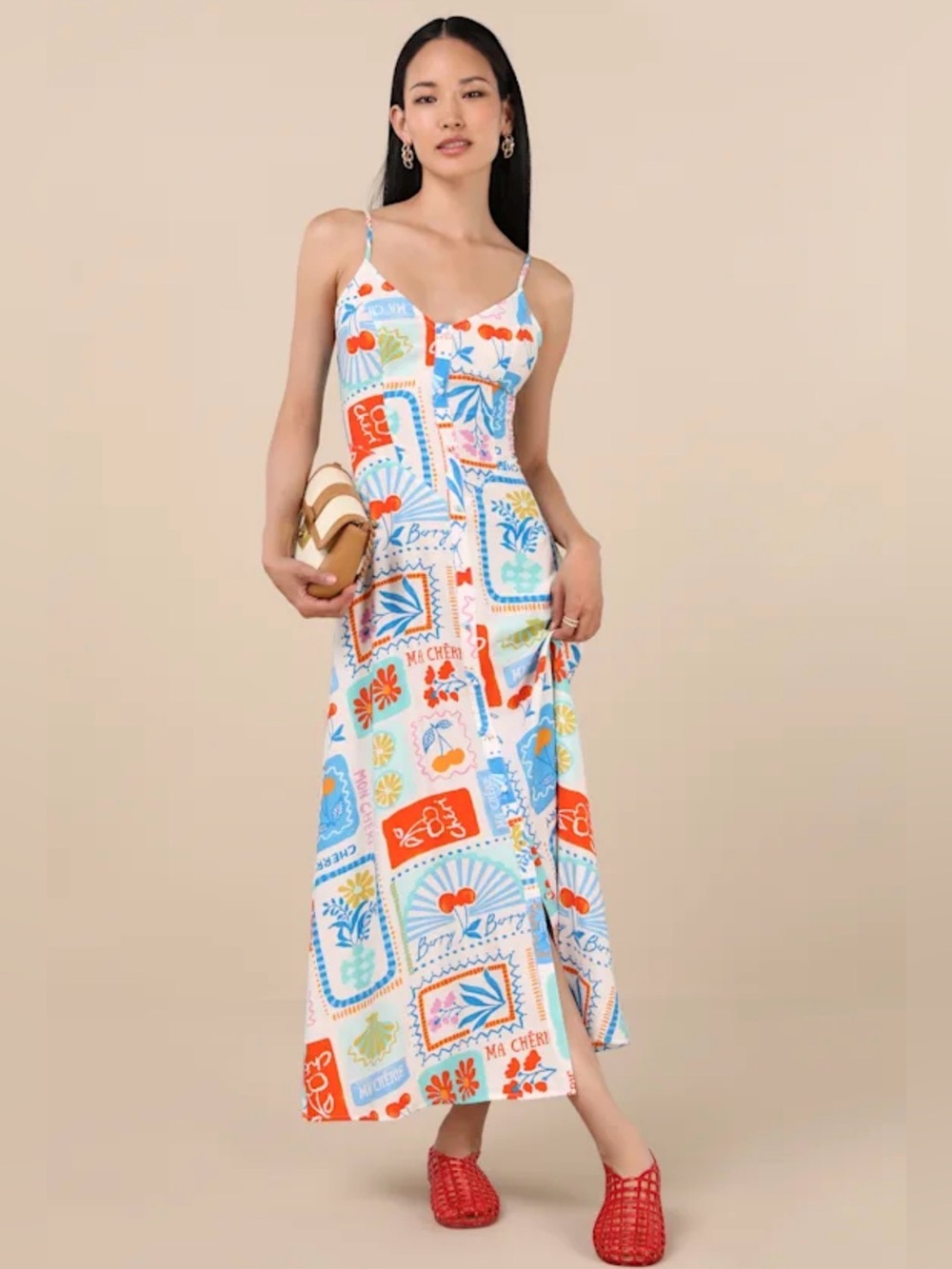 Lulu's SANYA Ivory Multi Print Button Front Sleeveless Midi Large